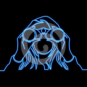 Continuous line drawing Woman looks through binoculars icon neon glow vector illustration concept