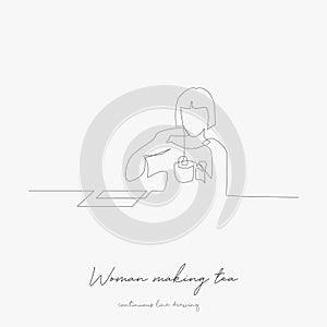 Continuous line drawing. woman making tea. simple vector illustration. woman making tea concept hand drawing sketch line