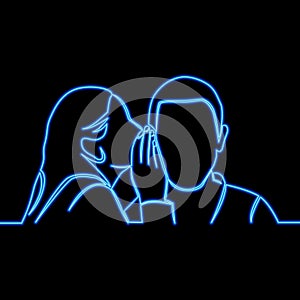 Continuous line drawing Woman and man are whispering transmission of secret icon neon glow vector illustration concept