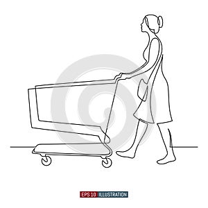 Continuous line drawing of Woman pushes a shopping cart. Girl in the supermarket. Shopping. Template for your design. Vector