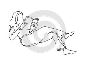 Continuous line drawing of woman relaxing reading book
