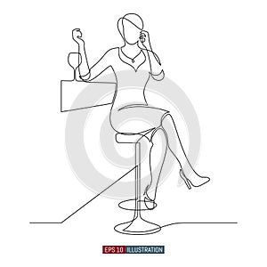 Continuous line drawing of A woman is sitting at the bar with a glass of wine and talking on the phone. Template for your design.