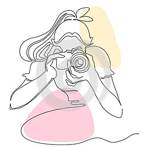 continuous line drawing of a woman using a camera vector illustration