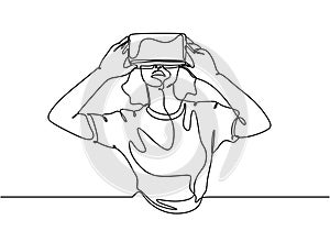 Continuous line drawing woman with virtual reality glasses device vector illustration. She enjoy look with her gadget