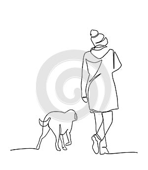 Continuous line drawing of woman walking exercise with dog. One continuous single drawing line art doodle girl dog young