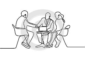 Continuous line drawing of work team having meeting. Business meeting and discussion. Three persons talking each other. Interested