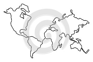 Continuous line drawing of world map. One line map of the Earth. Hand-drawn illustration.