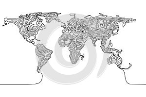 Continuous line drawing of a world map, single line Earth