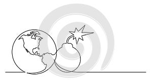 Continuous line drawing of world planet with bomb with firing fuze