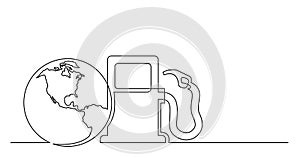 Continuous line drawing of world planet with gas petrolium pump