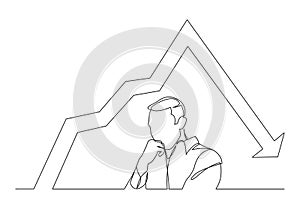 Continuous line drawing of worried man with decreasing graph