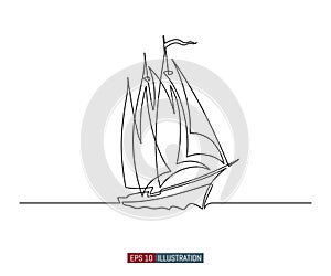 Continuous line drawing of yacht. Abstract sailing vessel silhouette. Vector illustration.