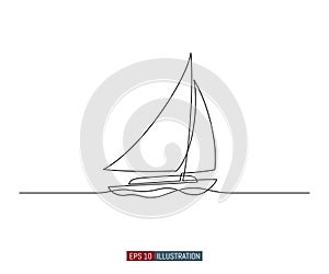 Continuous line drawing of yacht. Abstract sailing vessel silhouette. Vector illustration.