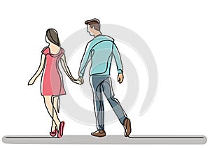 Continuous line drawing of young couple walking together
