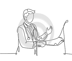 Continuous line drawing of young doctor shaking hand the patient in hospital. Healthcare medical check up concept. One line