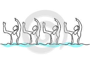 Continuous line drawing young energetic women perform beautiful synchronized swimming choreography. Female swimmers group doing