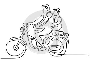 Continuous line drawing of young father riding a motorcycle with his little son isolated on white background. Father`s Day theme