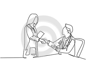 Continuous line drawing of young female doctor handshake with male doctor at hospital. Great healthcare teamwork concept. One line