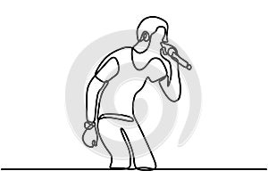 Continuous line drawing of young happy male rocker singer holding microphone and singing on music concert stage. Singer posing