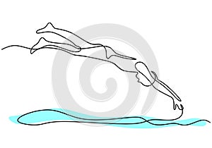 Continuous line drawing of young happy professional swimmer man jump to swimming pool center. Sport event. concept. Competition