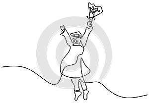 Continuous line drawing of young happy students graduate college student jumping joyfully and wear graduation isolated on white