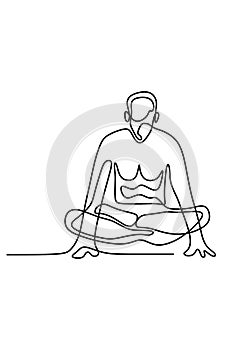 Continuous line drawing of young man fitness yoga concept vector health illustration. Yoga pose sitting cross leg and floated.