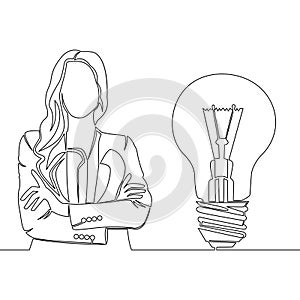 Continuous line drawing Young smart female and light bulb idea symbol icon vector illustration concept