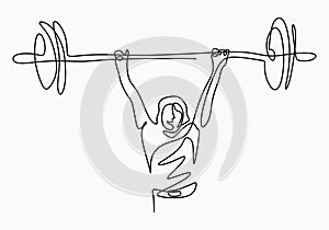 Continuous line drawing of young strong weightlifter woman preparing for barbell workout in gym isolated on white background.