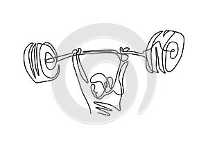 Continuous line drawing of young strong weightlifter woman preparing for barbell workout in gym isolated on white background.