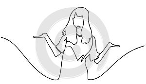 Continuous Line Drawing of Young woman spread her hand and shrugging shoulder. I do not know. Oops Sorry Asking question