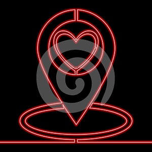 Continuous line drawn map pointer with heart neon