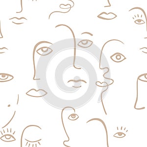 Continuous line face women seamless pattern - Modern abstract faces - Vector Endless pastel Background Fashion  Portrait one line