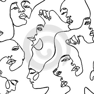 Continuous line face women seamless pattern - Vector Endless Background Fashion Female Portrait one line