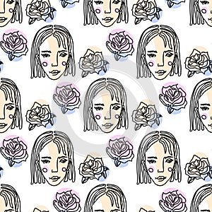 Continuous line face women seamless pattern - Vector Endless Background Fashion Female Portrait one line Style