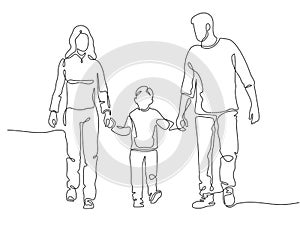 Continuous line family. Happy mother, father and child walking. Linear silhouette of couple with kid. Family protect