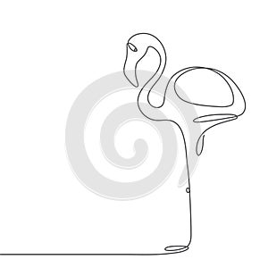 Continuous line flamingo staying on one leg. Abstract modern decoration, logo. Vector illustration. One line drawing of bird form.