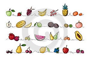 Continuous line fruits. Tropical food. Monoline sketch border of exotic natural products set. Pineapple and papaya