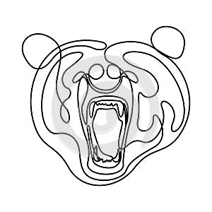 Continuous line fury bear head, snarling bear. Vector illustration.