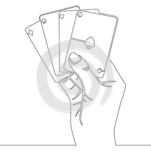 Continuous line Hand holding four aces cards