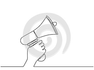 Continuous line of hand holding loudspeaker. Single line of a hand with megaphone. One line of hand hold megaphone isolated on