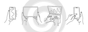 Continuous line hands with gadgets. One line female hands using phones laptop and tablet. Vector monoline set