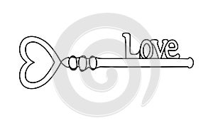 Continuous line heart shaped key. Minimalist illustration, romantic love concept for valentines day. Vector keys element