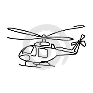 continuous line helicopter in flight. Drawing black thin line on white background