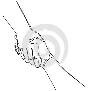 Continuous line Helping hand concept. Gesture, sign of help and hope. Two hands taking each other. Isolated illustration