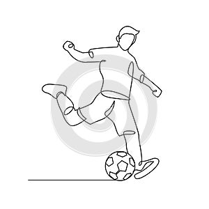 Continuous line Illustration football player kicks the ball