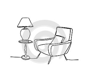 Continuous line interior with armchair, floor lamp. One line drawing of Living room with modern furniture. V