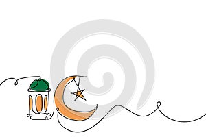 Continuous Line Islamic Background design template for ramadan, eid alfitr, isra miraj, and islamic new year with Lantern, moon