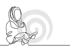 Continuous line islamic woman read a book, Muslim student. Vector illustration.