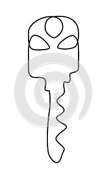 Continuous line key. Minimalist key illustration for hotel room, home, car, locker. Vector security, web safety