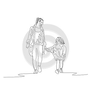 Continuous line mother and daughter walking together and chating